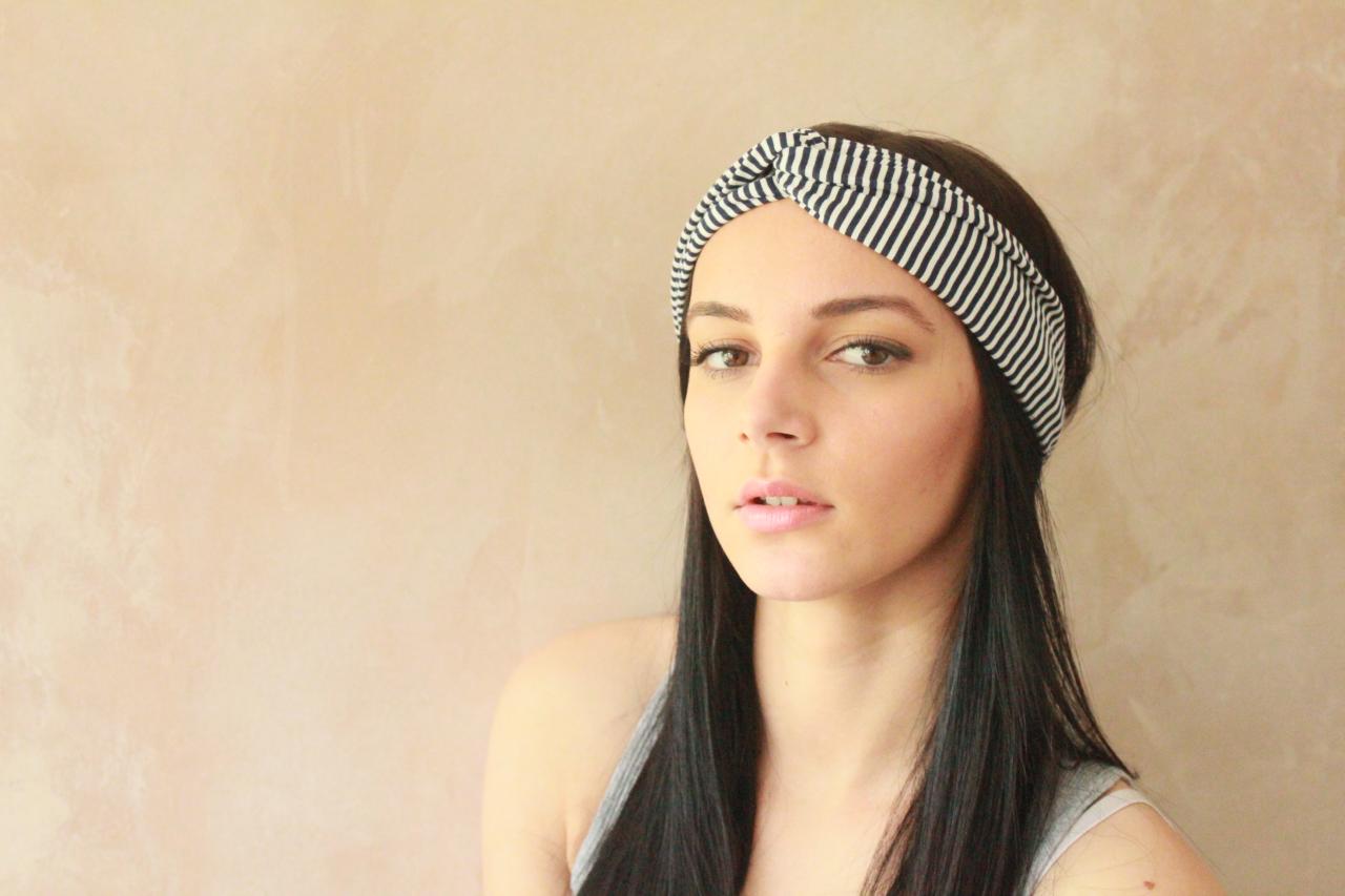 Workout headband -Turban Headband, Yoga Headband, Turban Twist, Exercise headband, Boho Headband, Hippie Headband - Blue and White Stripes