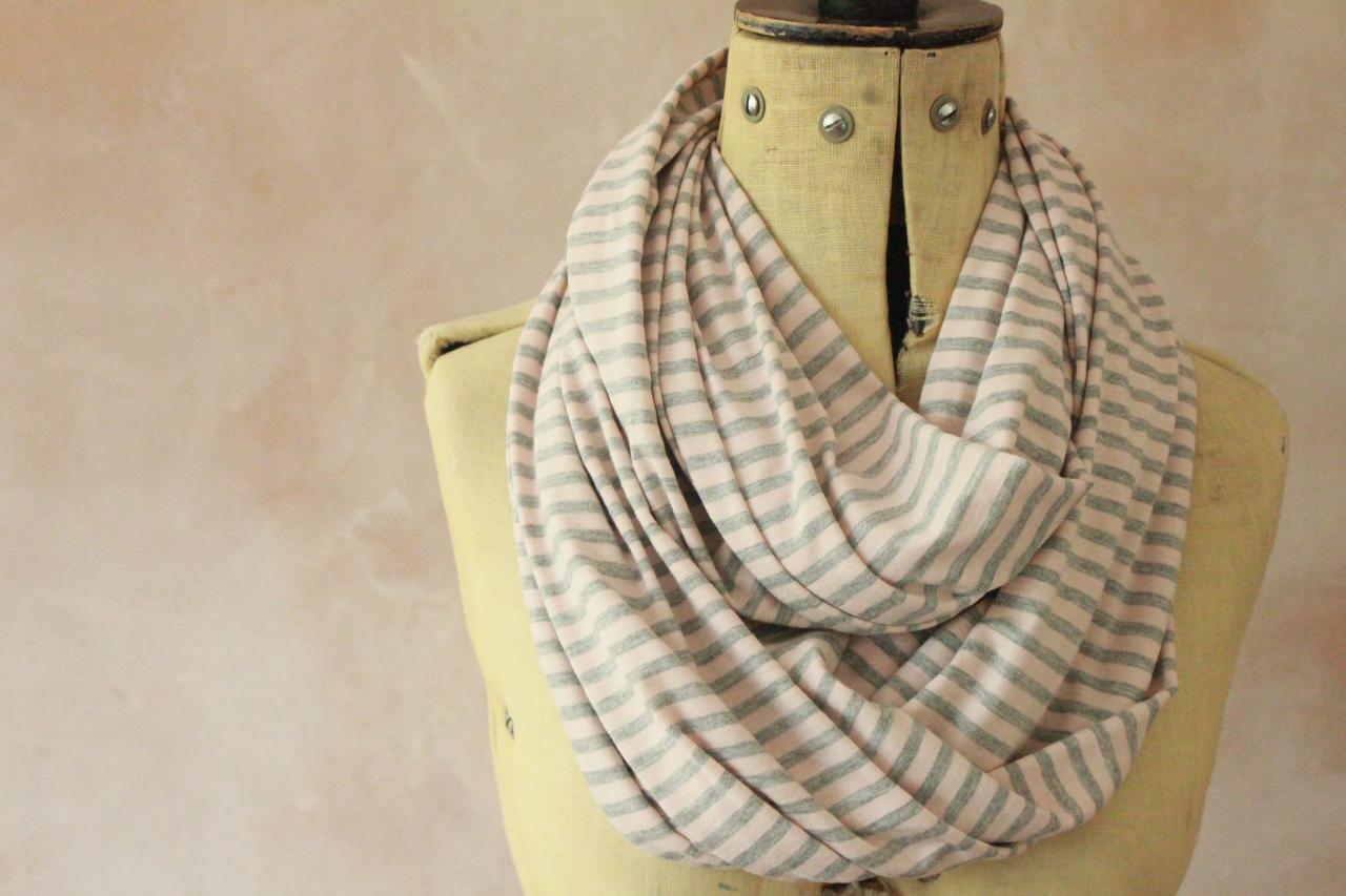 Infinity Scarf - Snood, Eternity Scarf, Circle Scarf, Jersey Scarf, Tube Scarf, Loop Scarf, Snood, T-shirt Scarf - Grey And Pink Stripes